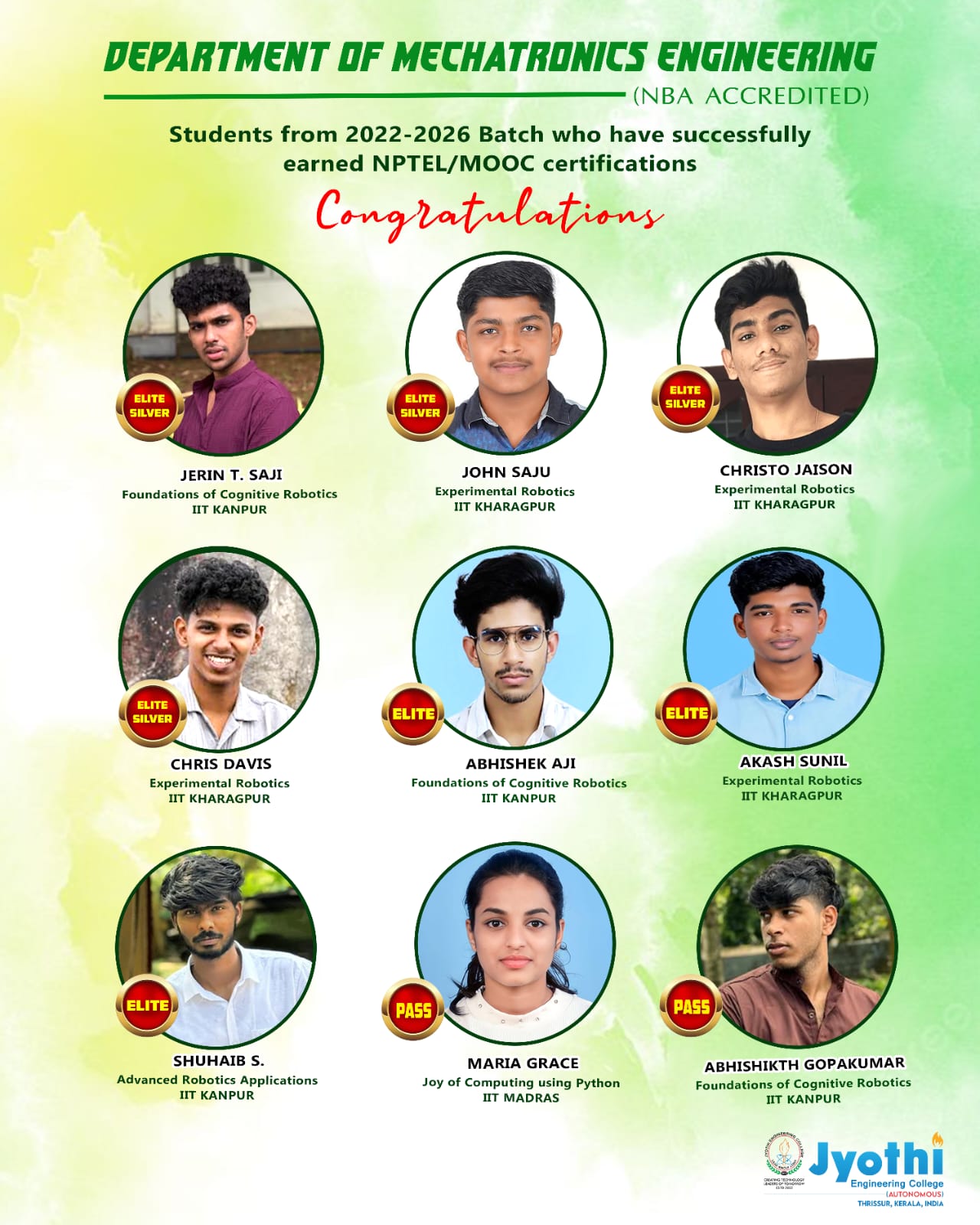 Student Success: NPTEL/MOOC Certifications Earned by 2022–2026 Batch